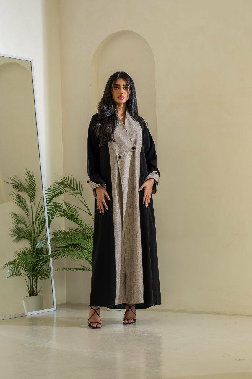 Black and beige striped crepe blazer abaya with buttons in the front