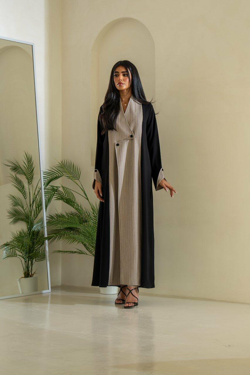 Black and beige striped crepe blazer abaya with buttons in the front
