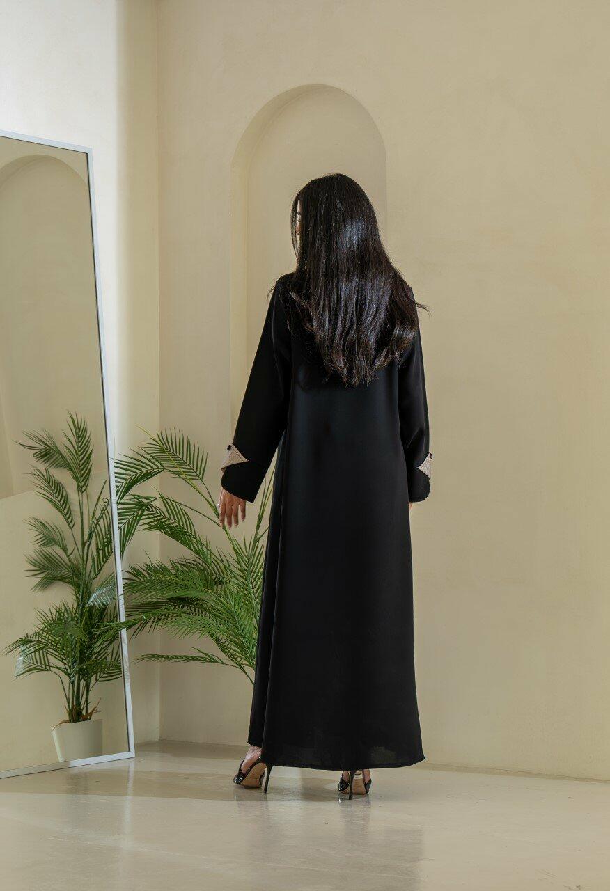 Black and beige striped crepe blazer abaya with buttons in the front
