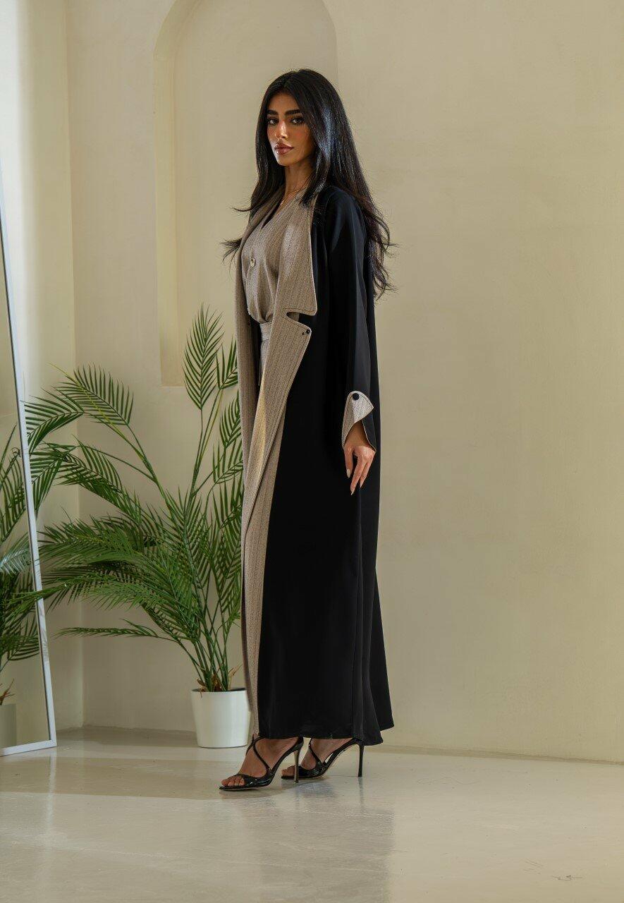 Black and beige striped crepe blazer abaya with buttons in the front