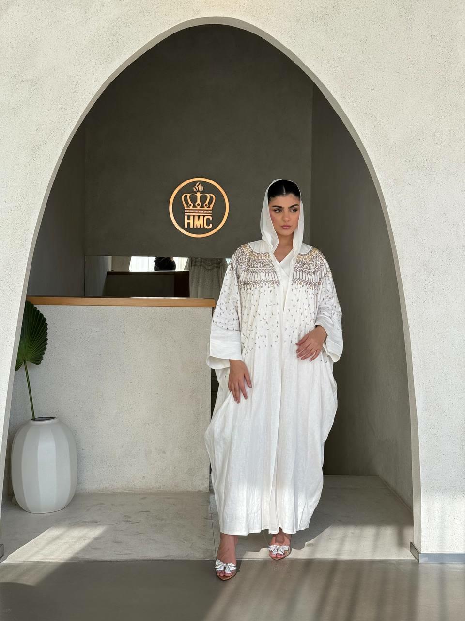 Off white crepe bisht abaya with hand-embroidered golden pearls
