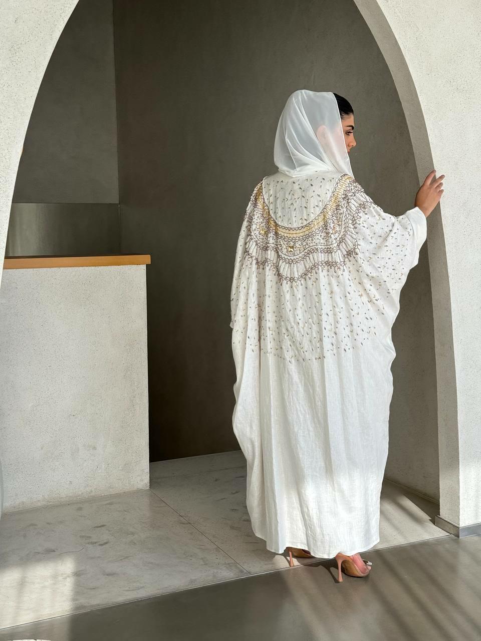 Off white crepe bisht abaya with hand-embroidered golden pearls