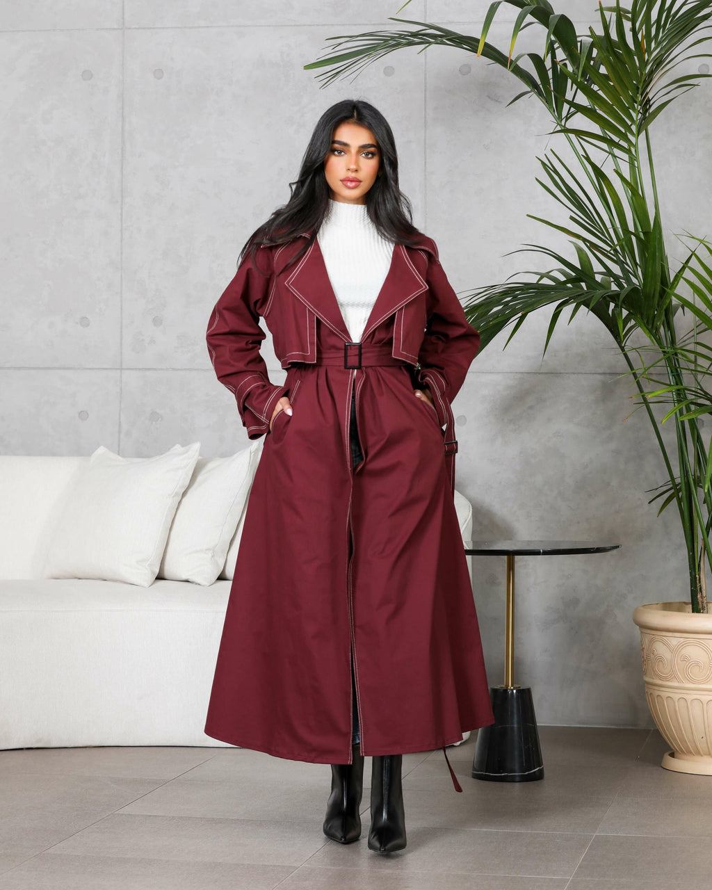 Burgundy trench coat blazer abaya