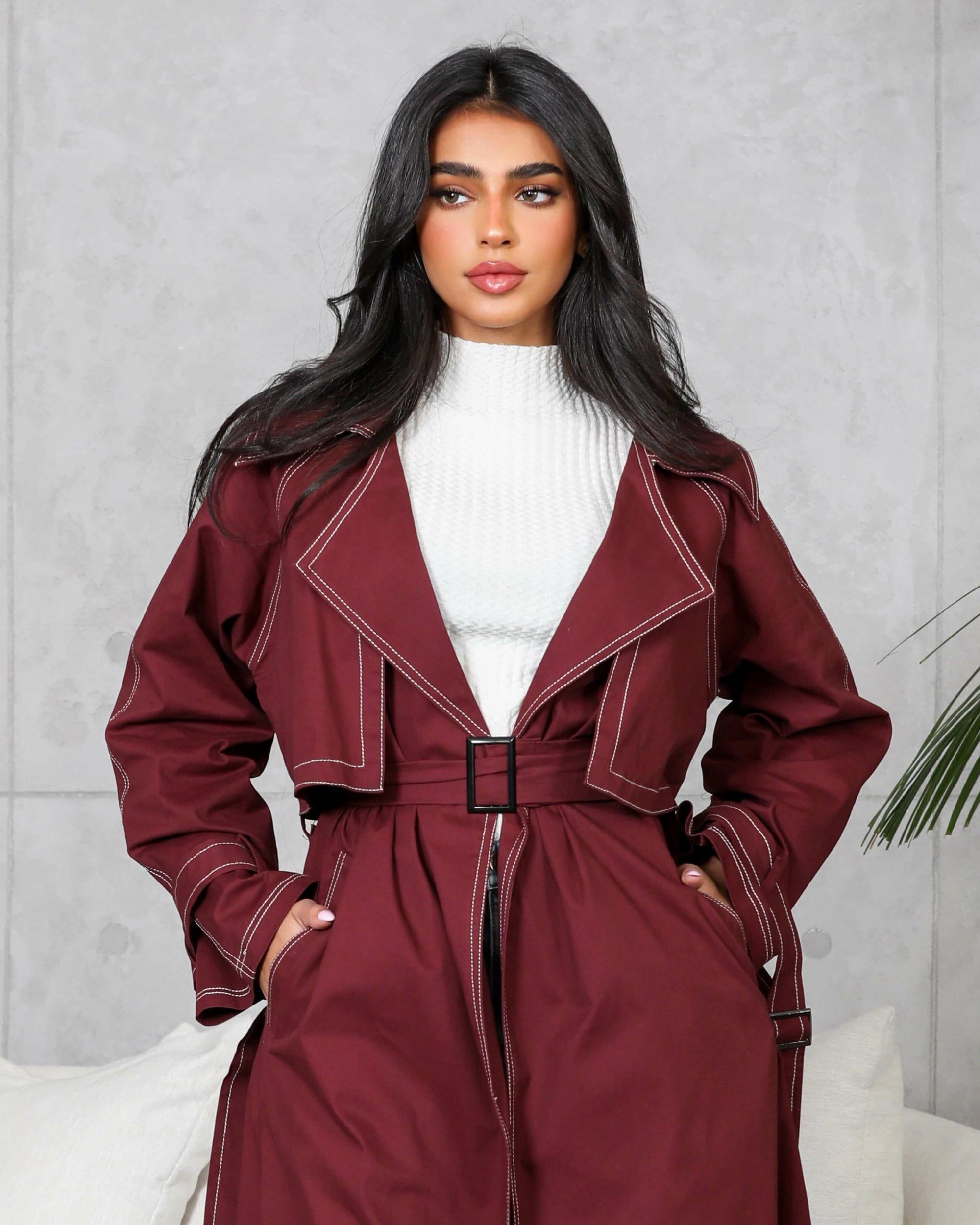Burgundy trench coat blazer abaya