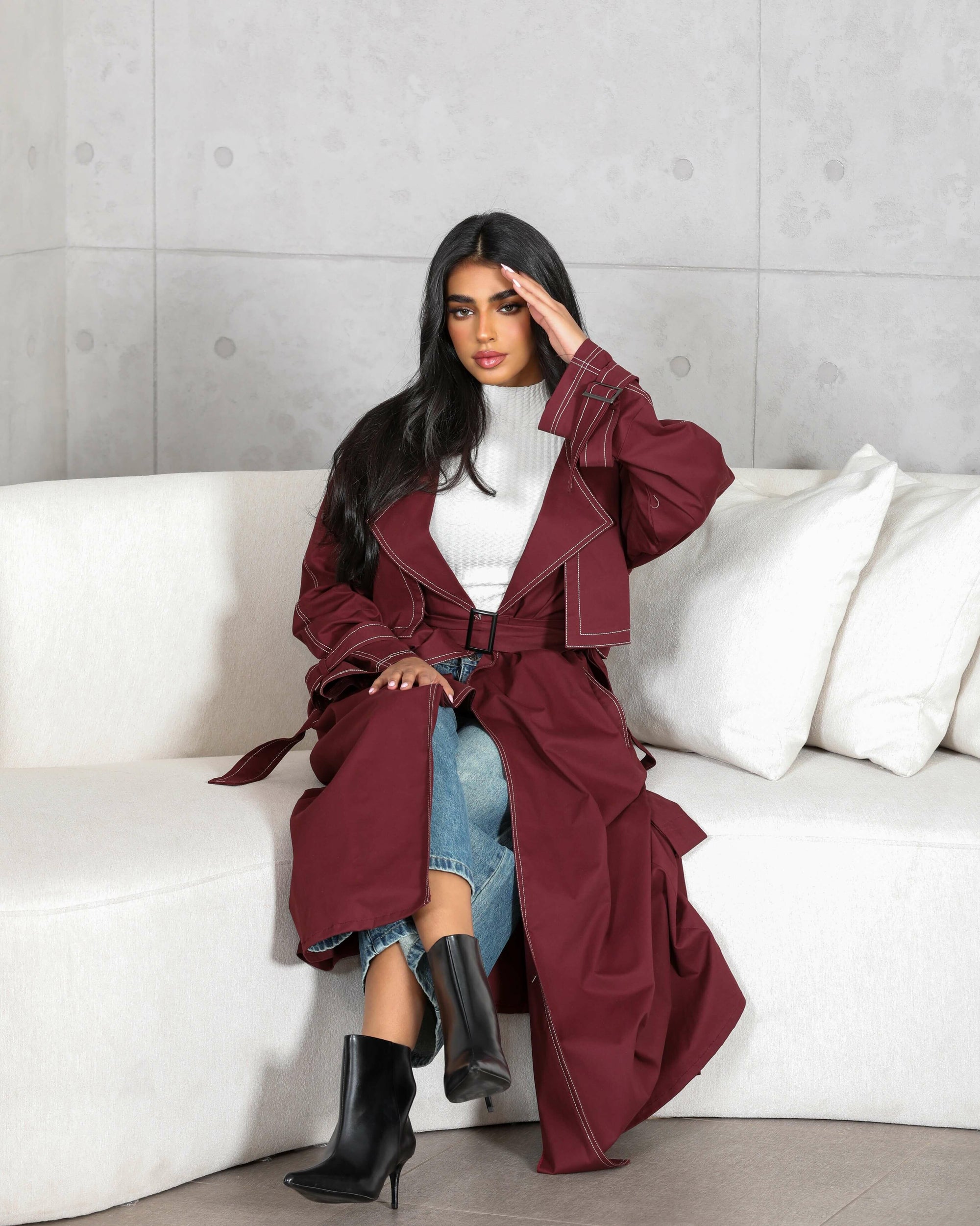 Burgundy trench coat blazer abaya