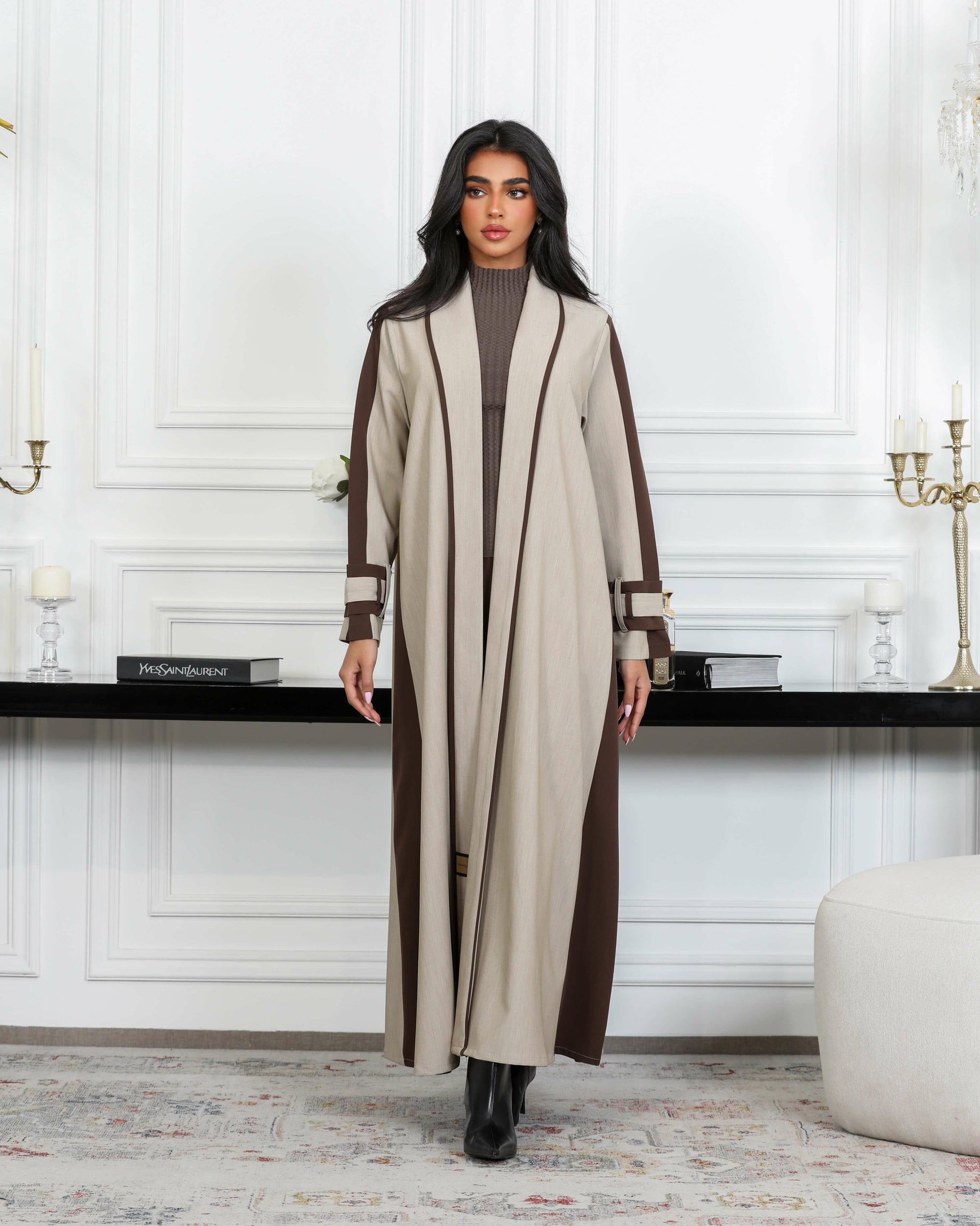 Beige abaya with brown inlays