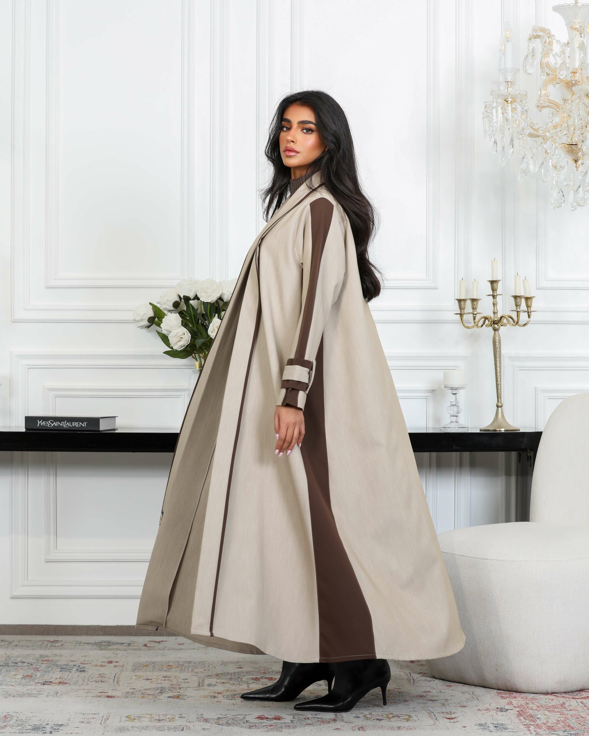 Beige abaya with brown inlays