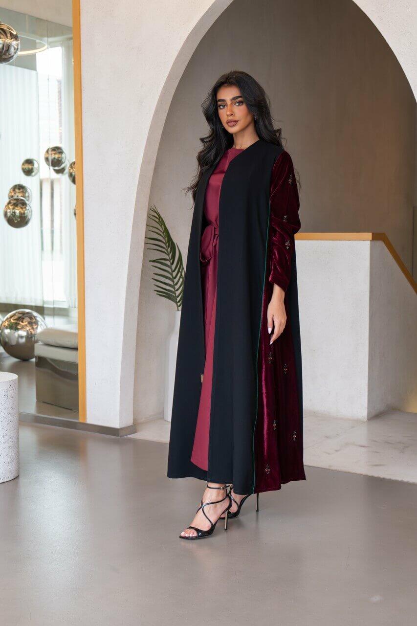Black crepe and burgundy velvet abaya