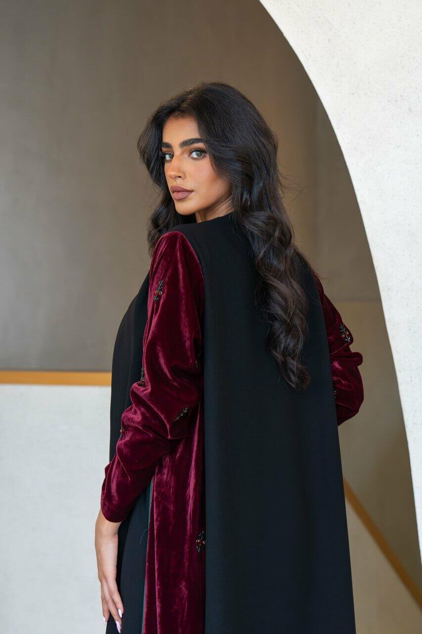 Black crepe and burgundy velvet abaya