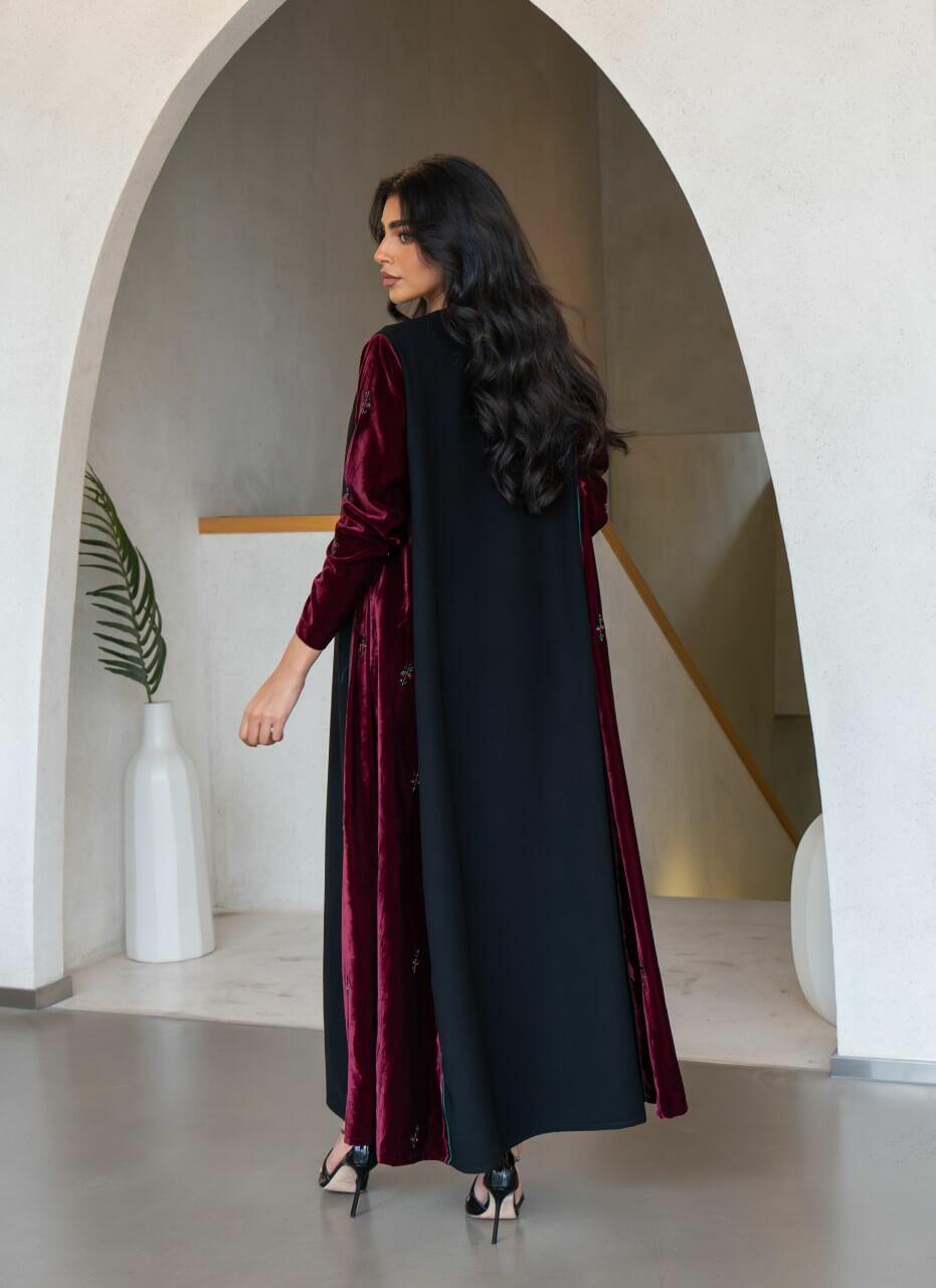 Black crepe and burgundy velvet abaya