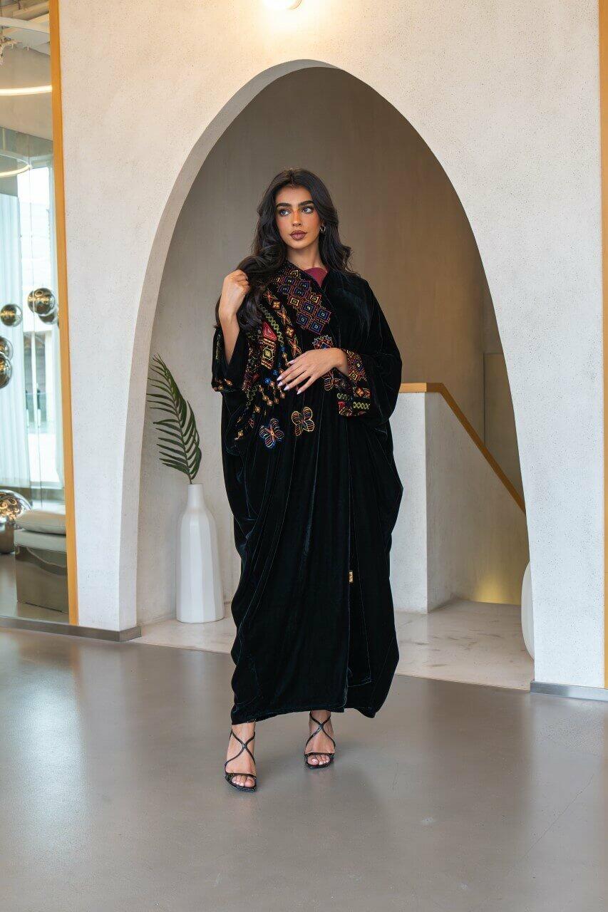 Black velvet bisht abaya with colorful embroidery-free size