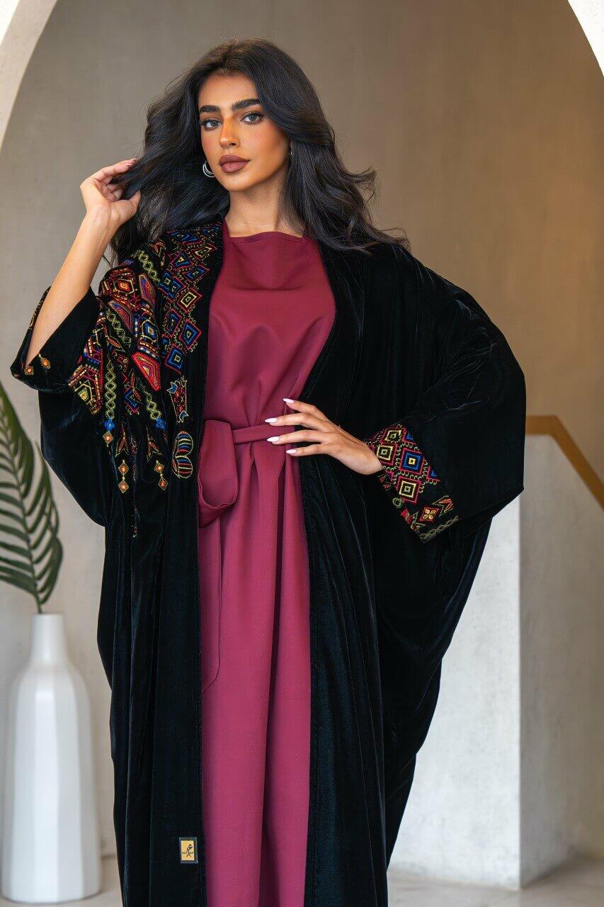 Black velvet bisht abaya with colorful embroidery-free size