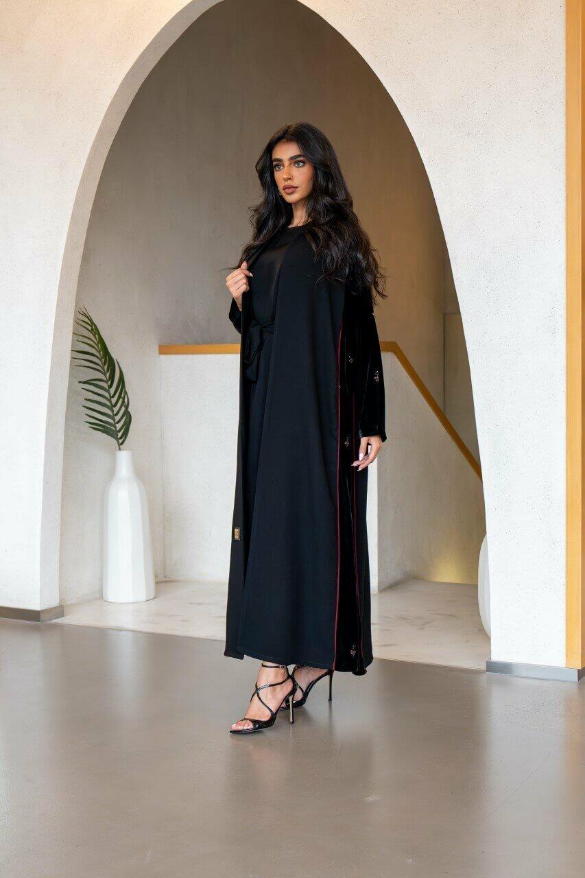 Black crepe and velvet abaya with embroidery