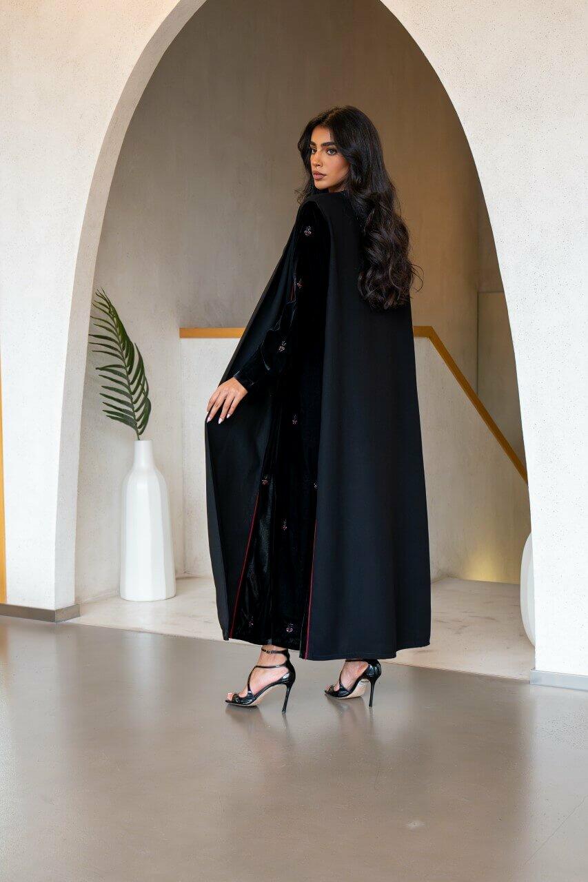 Black crepe and velvet abaya with embroidery