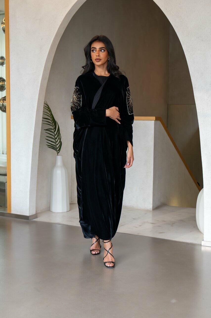Black velvet abaya with hand embroidery-free size