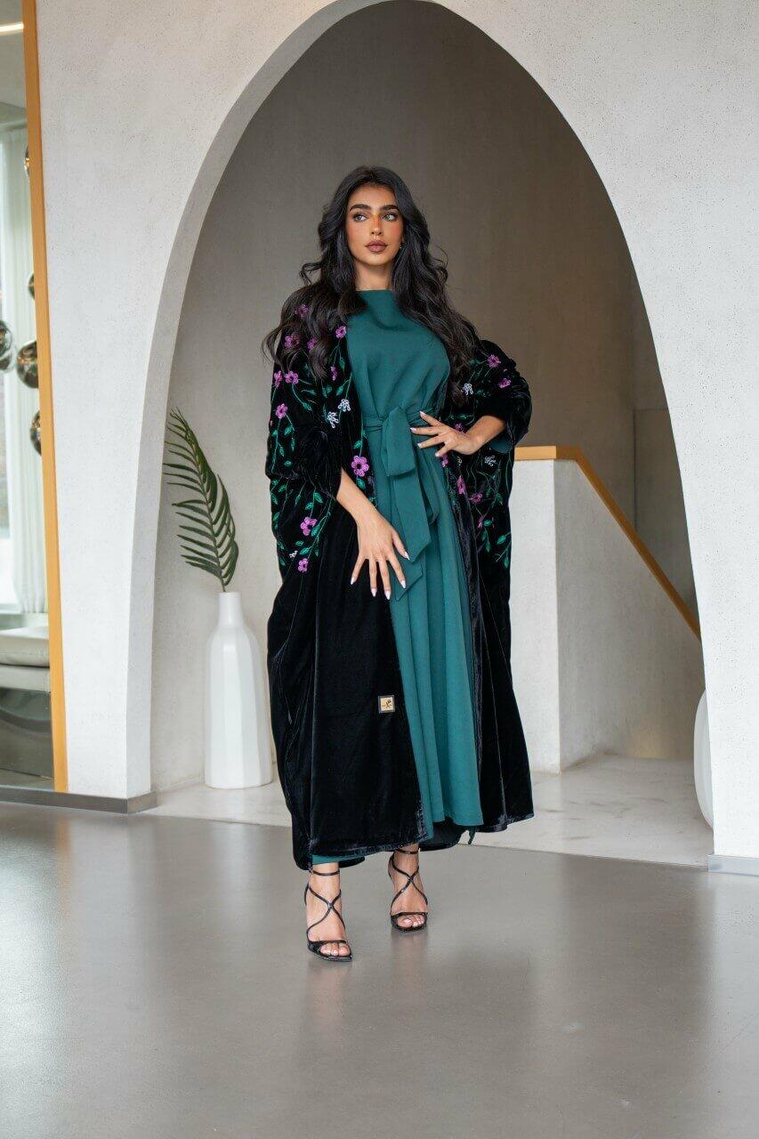 Black velvet abaya with flower embroidery-free size