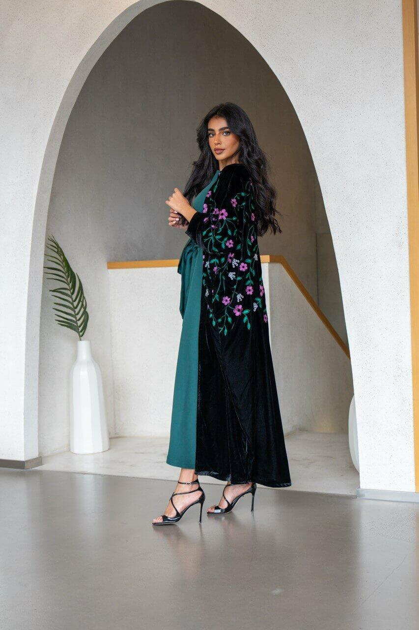 Black velvet abaya with flower embroidery-free size