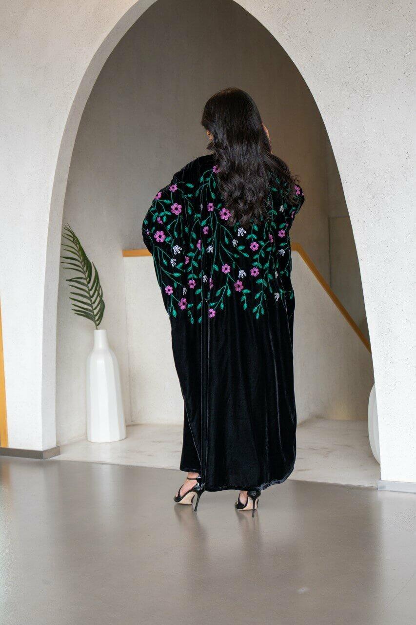 Black velvet abaya with flower embroidery-free size