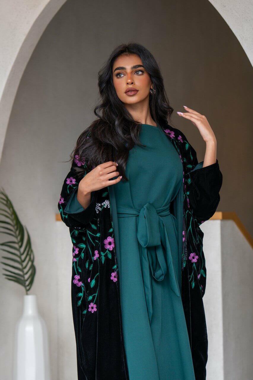 Black velvet abaya with flower embroidery-free size