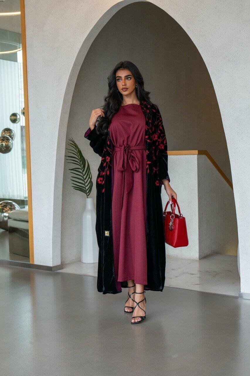 Black velvet abaya with red embroidery-free size