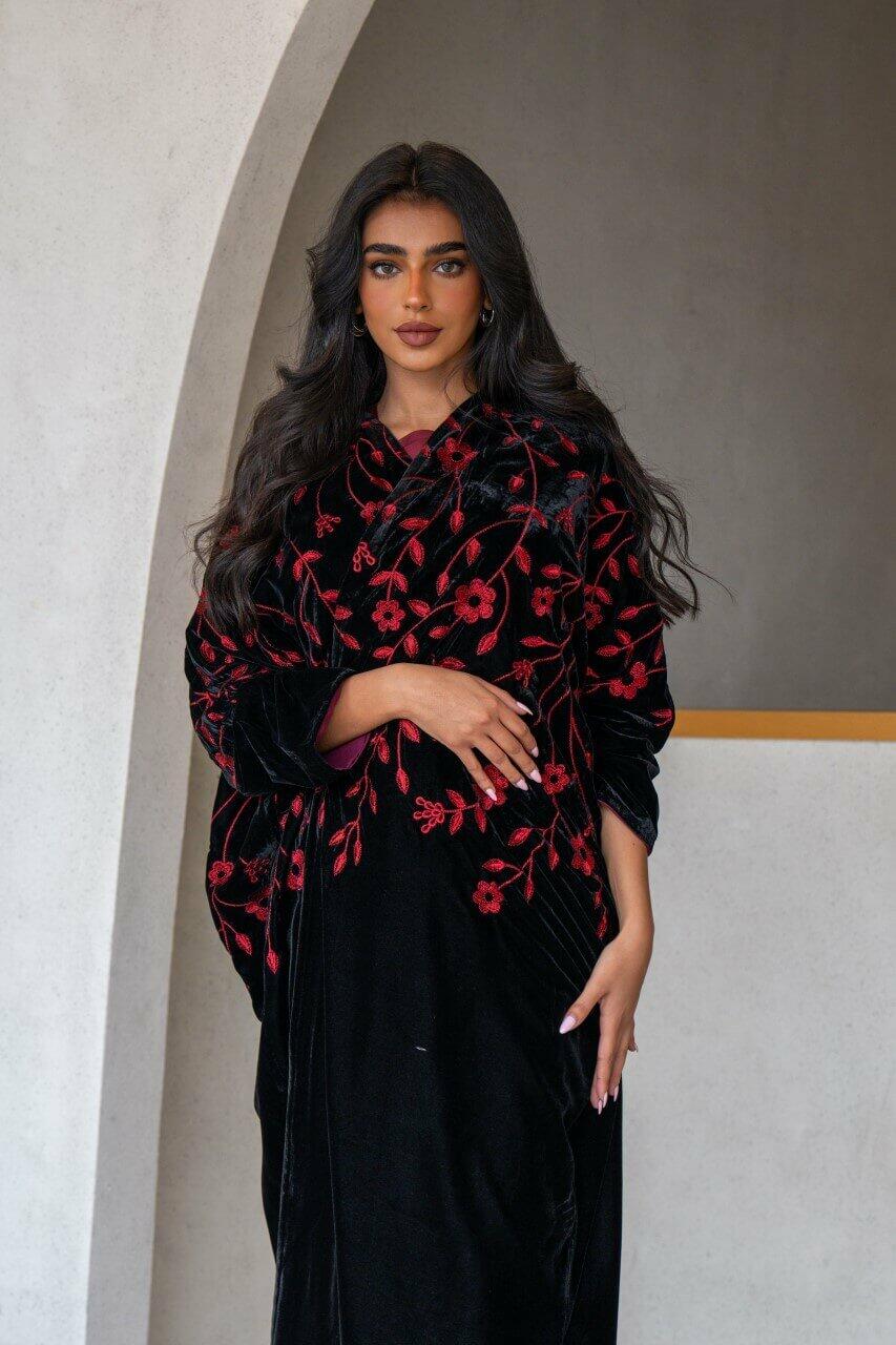 Black velvet abaya with red embroidery-free size