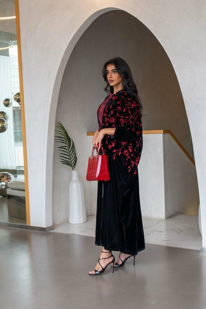 Black velvet abaya with red embroidery-free size