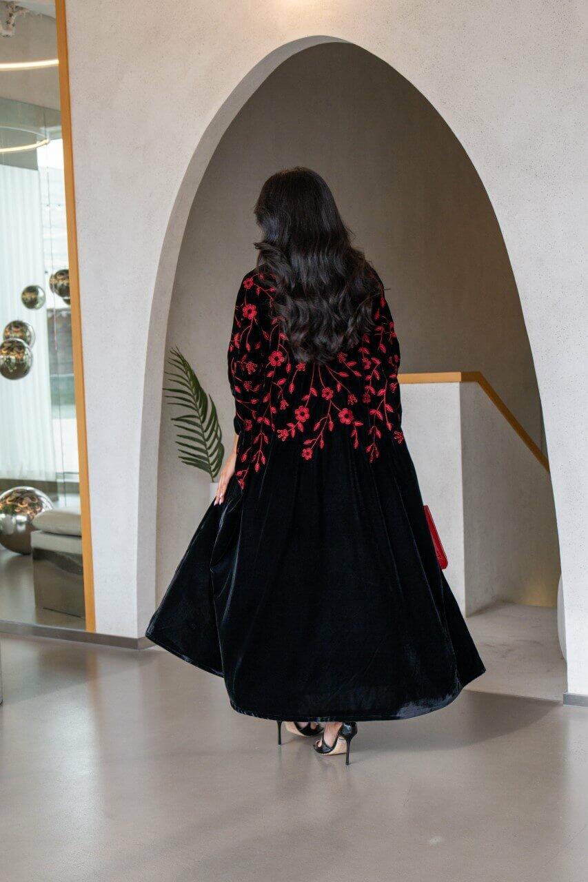 Black velvet abaya with red embroidery-free size