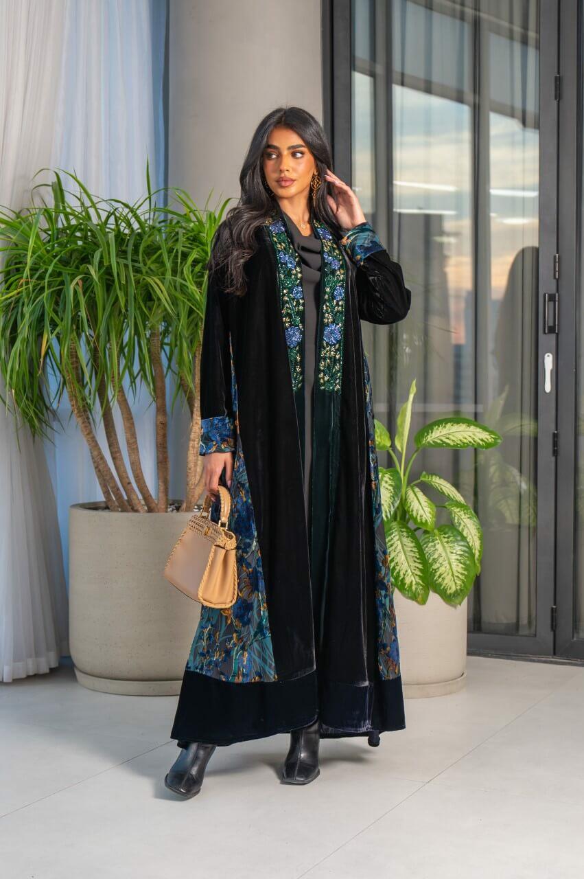 Black , green and navy velvet abaya with embroidery