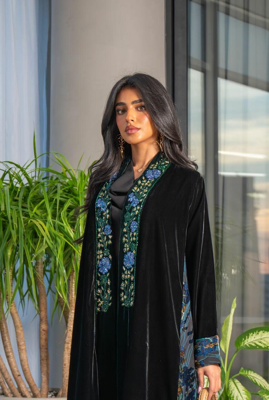 Black , green and navy velvet abaya with embroidery
