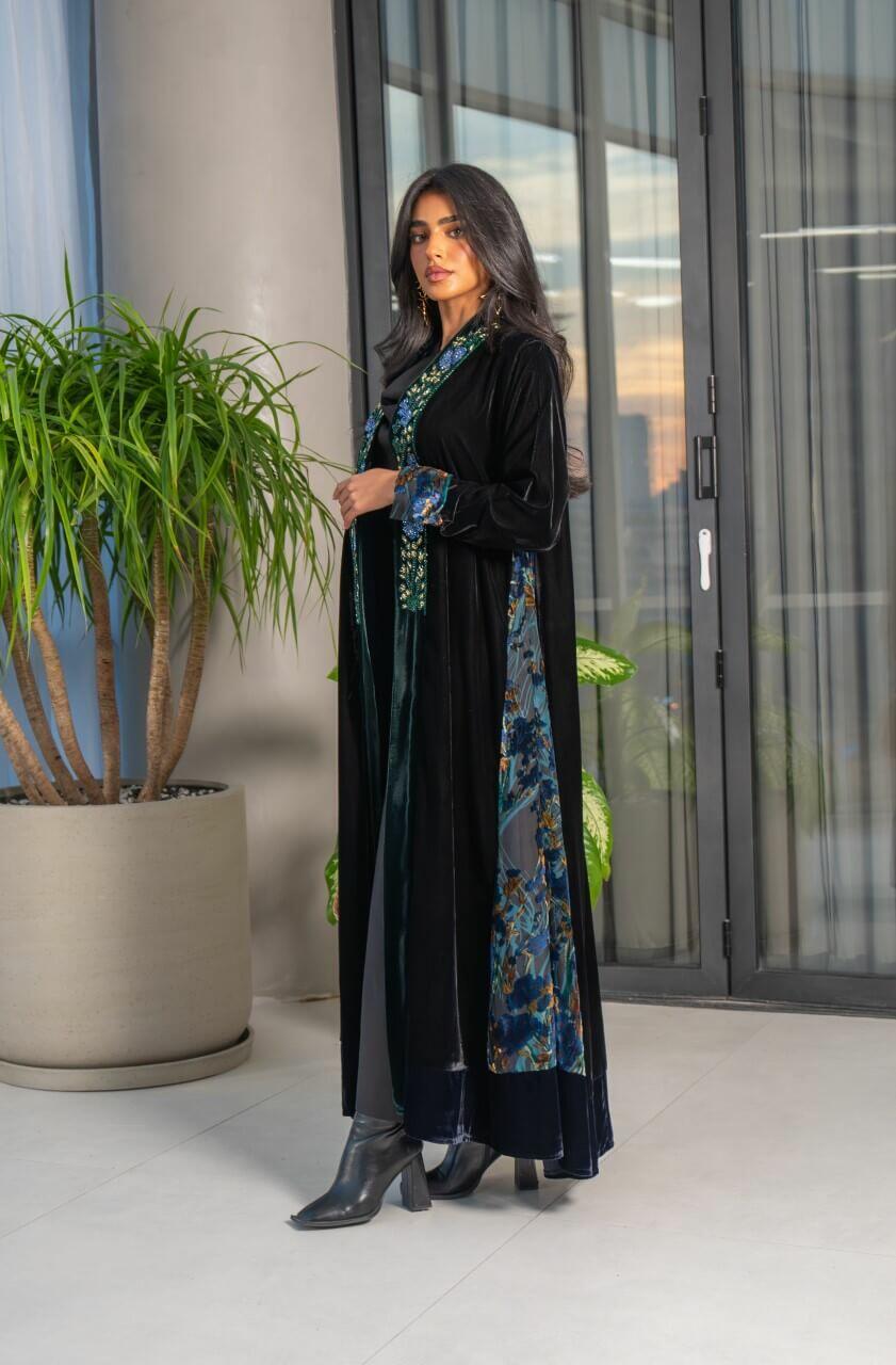 Black , green and navy velvet abaya with embroidery