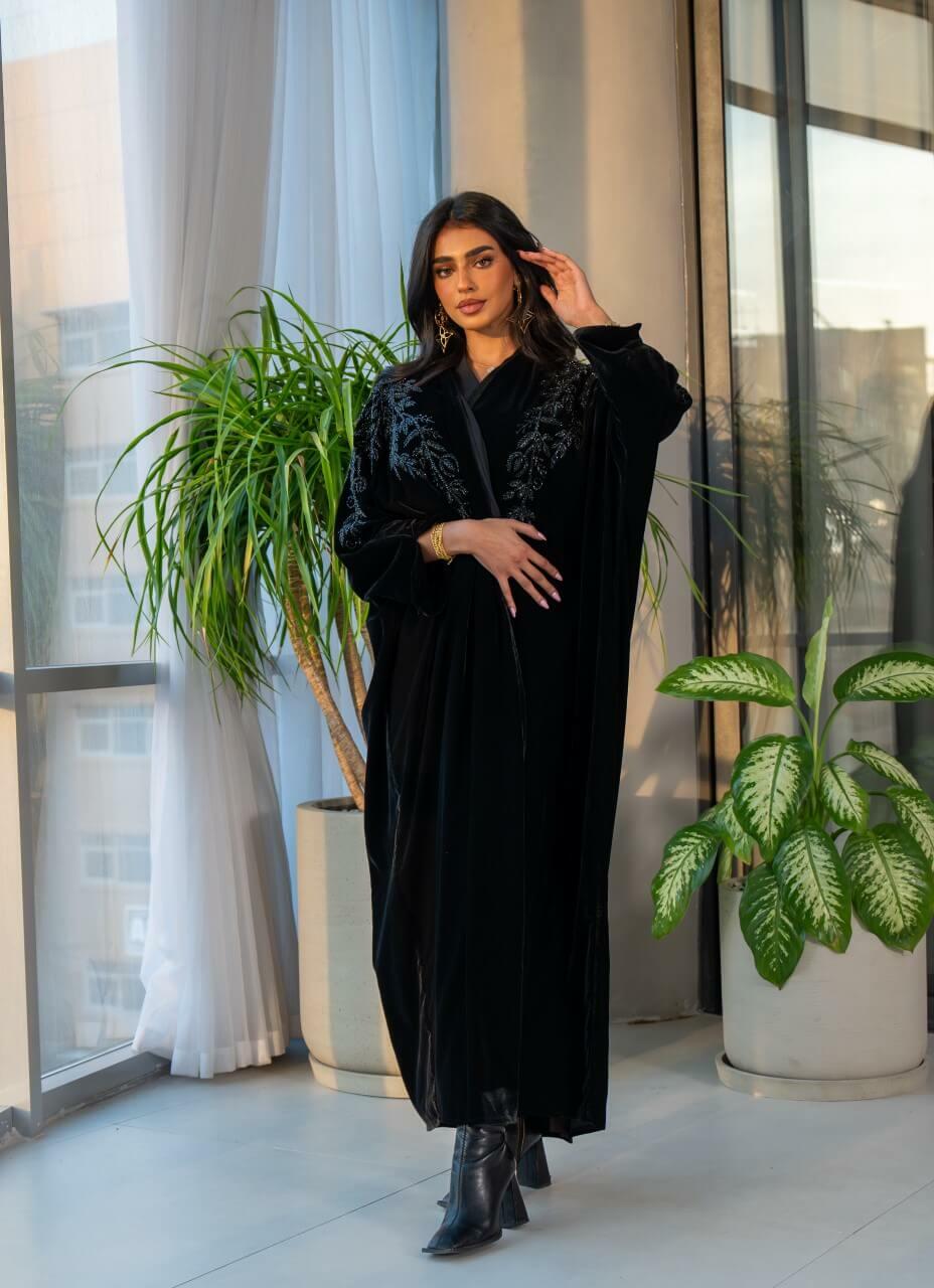 Black velvet bisht abaya with embroidery-free size