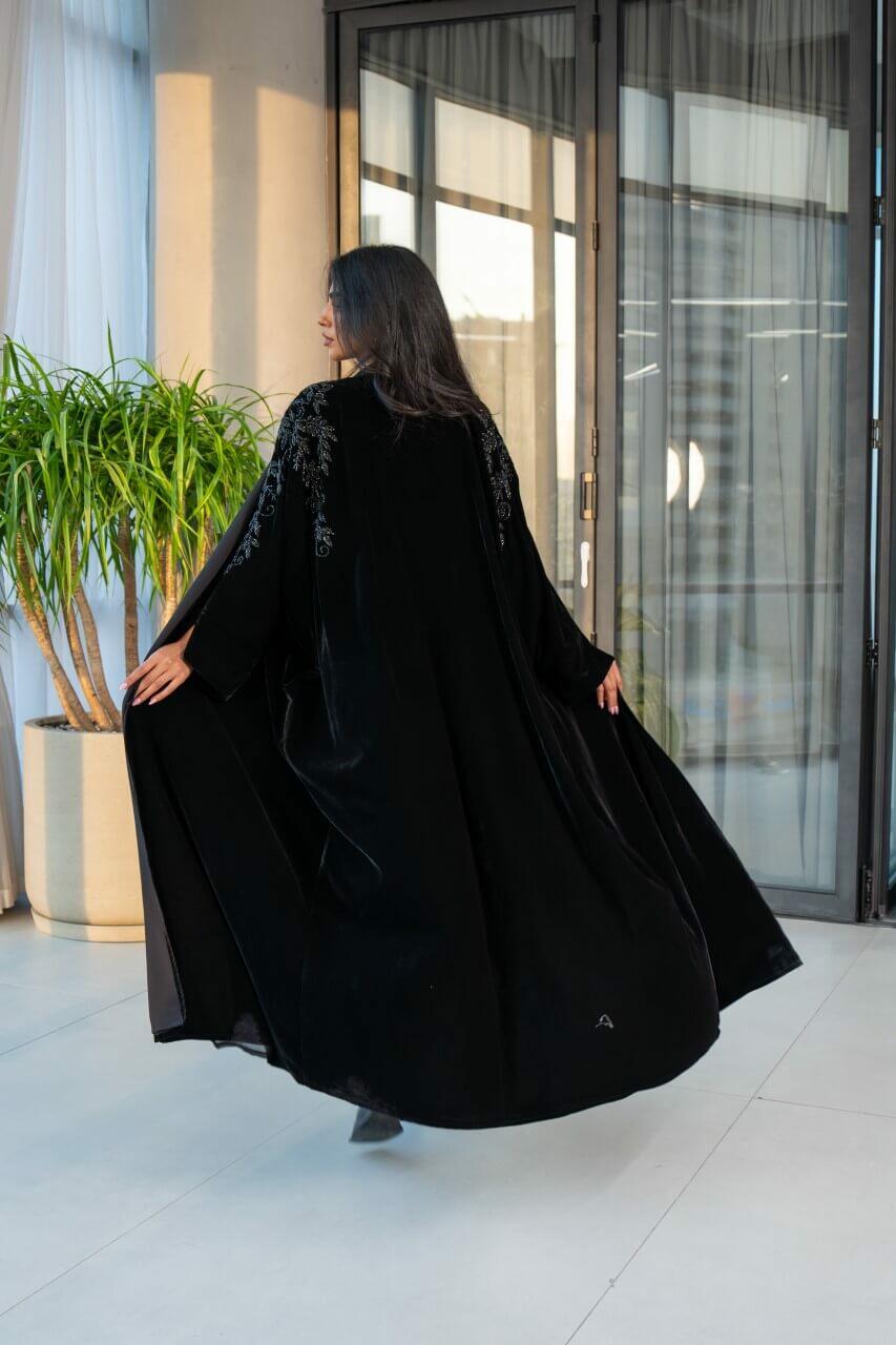 Black velvet bisht abaya with embroidery-free size
