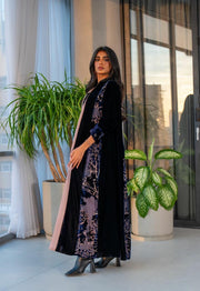 Navy velvet abaya lined with beige