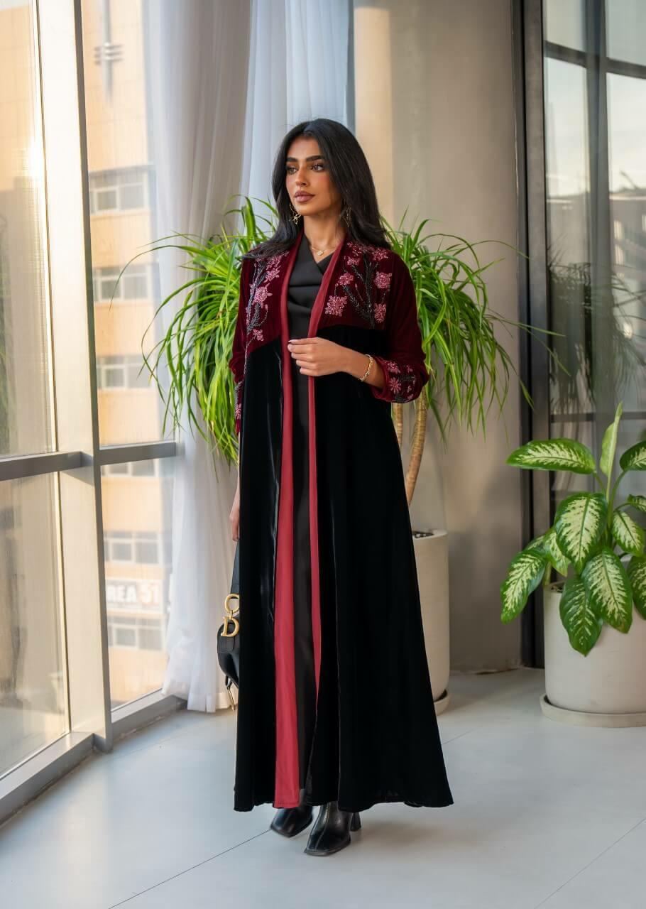 Black and burgundy velvet abaya with embroidery