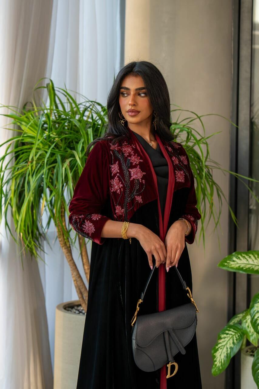 Black and burgundy velvet abaya with embroidery