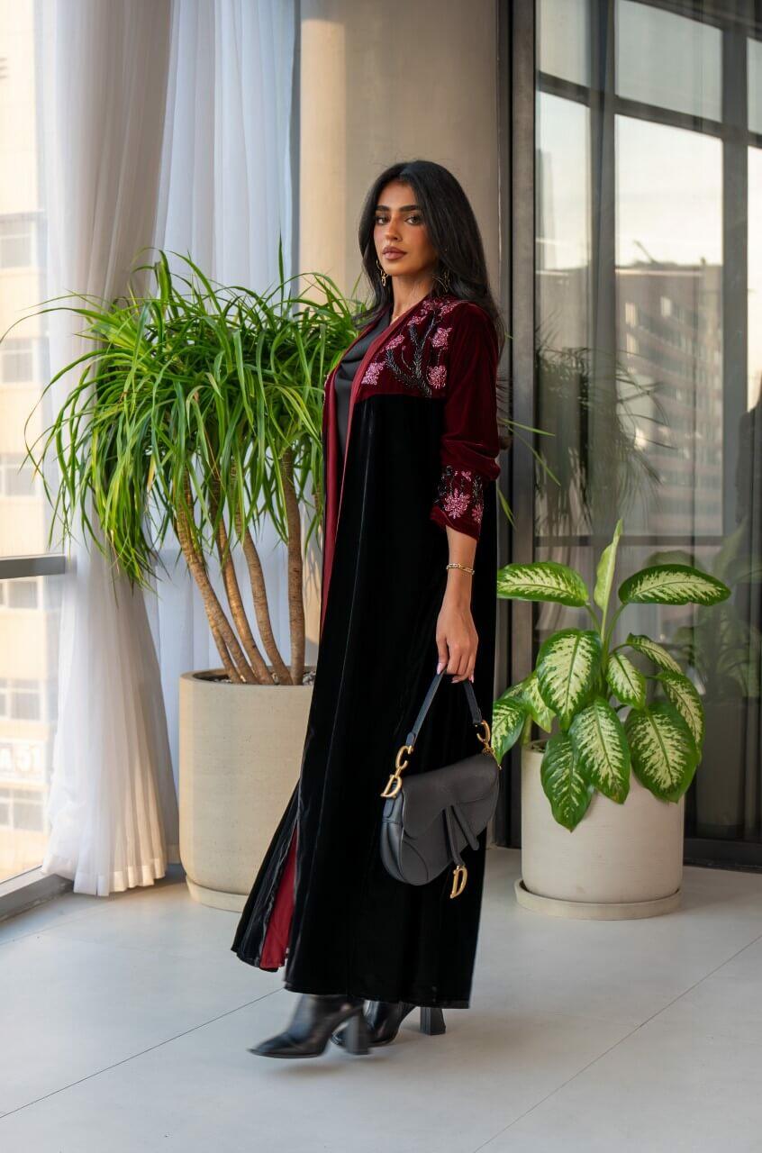 Black and burgundy velvet abaya with embroidery