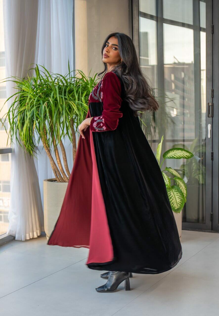 Black and burgundy velvet abaya with embroidery