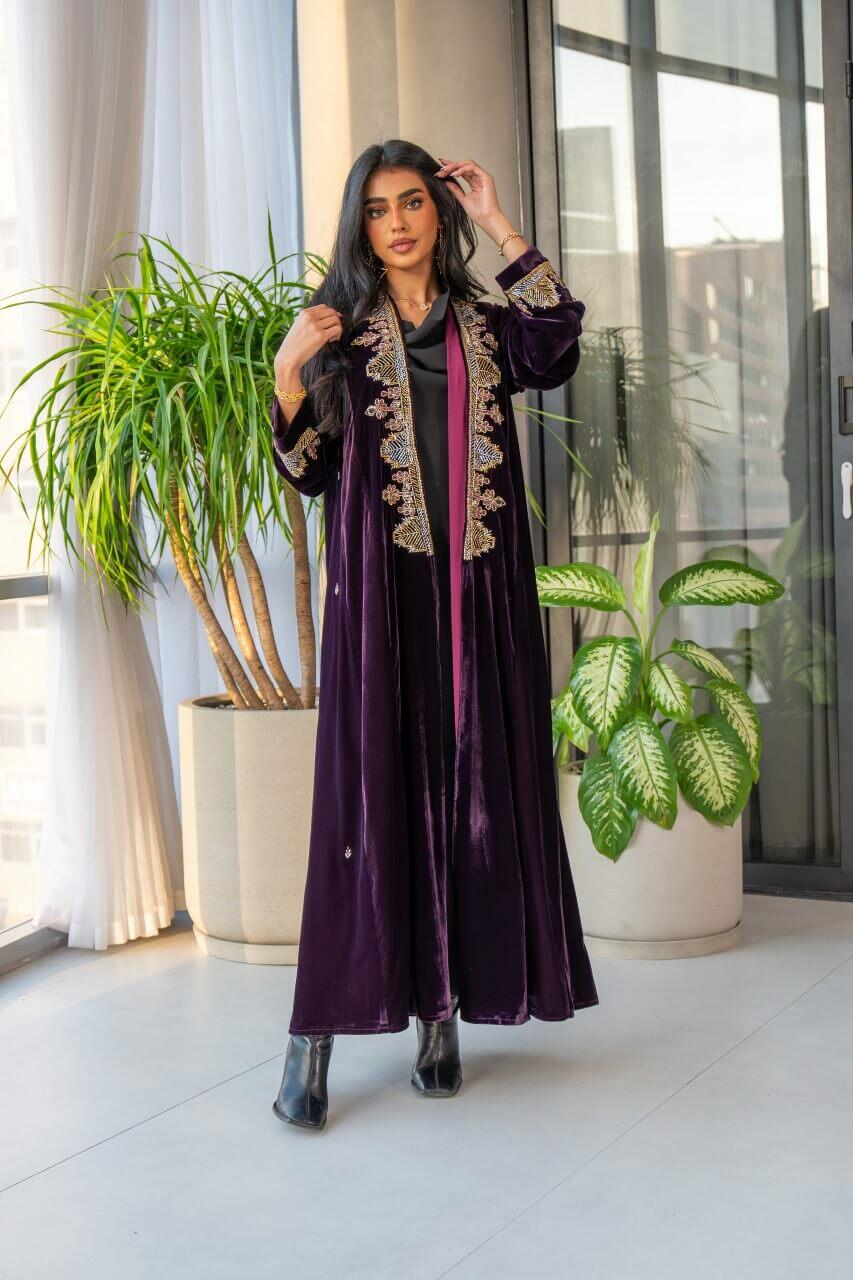 Purple velvet abaya with embroidery