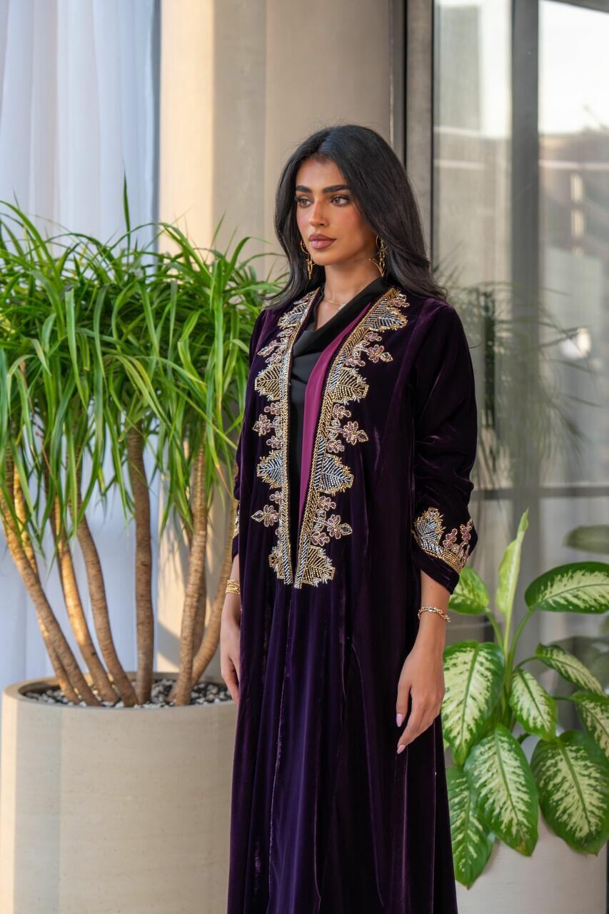 Purple velvet abaya with embroidery