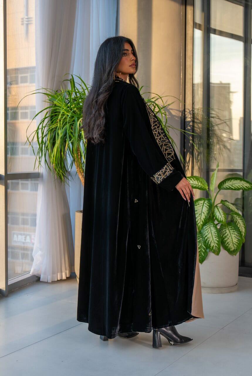 Black velvet abaya with gold embroidery in the front