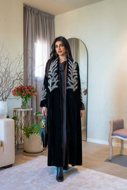 Black velvet abaya with white embroidery