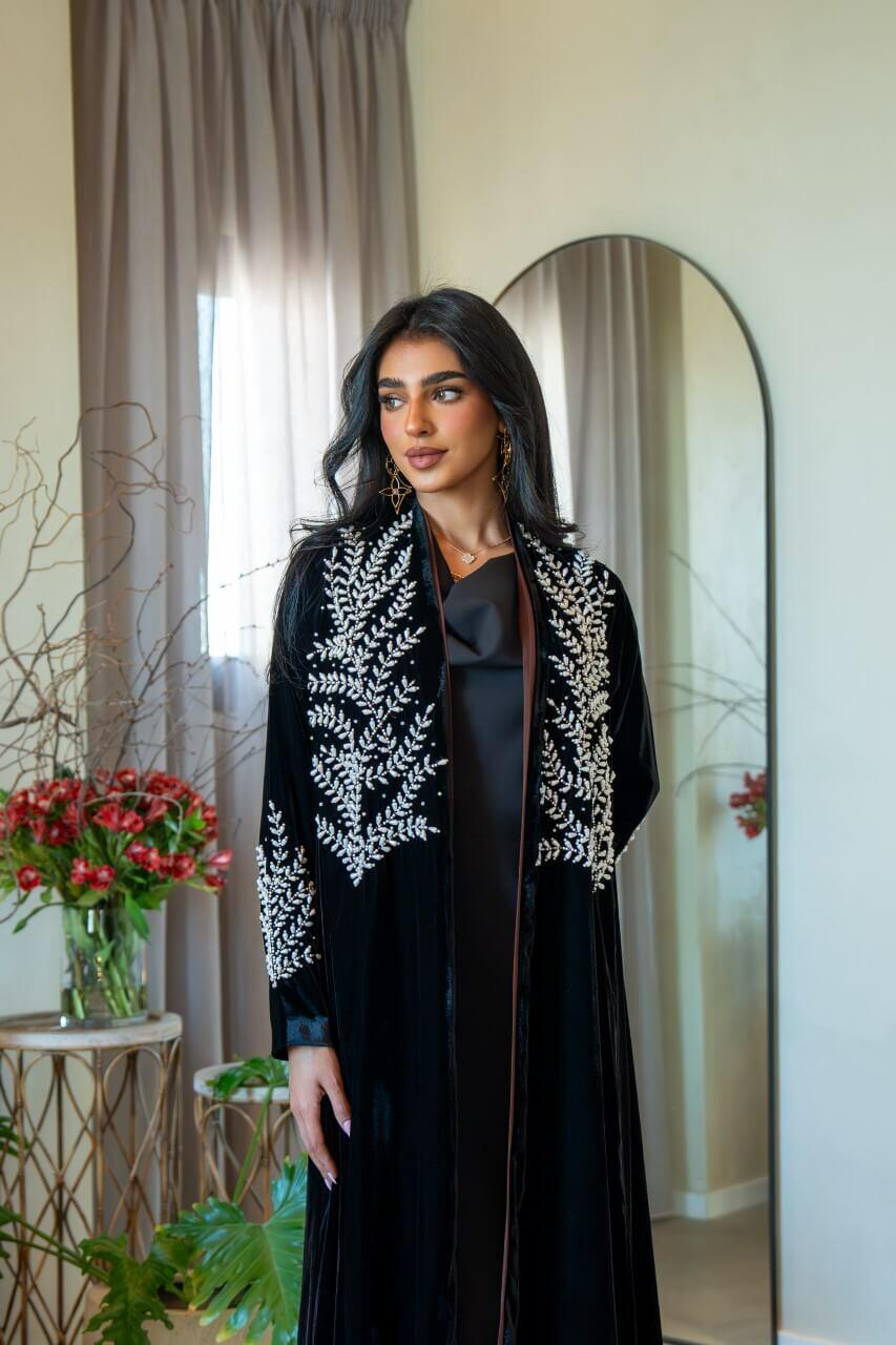 Black velvet abaya with white embroidery
