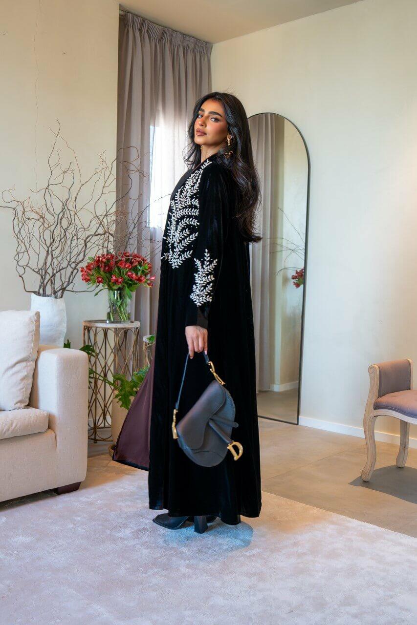Black velvet abaya with white embroidery