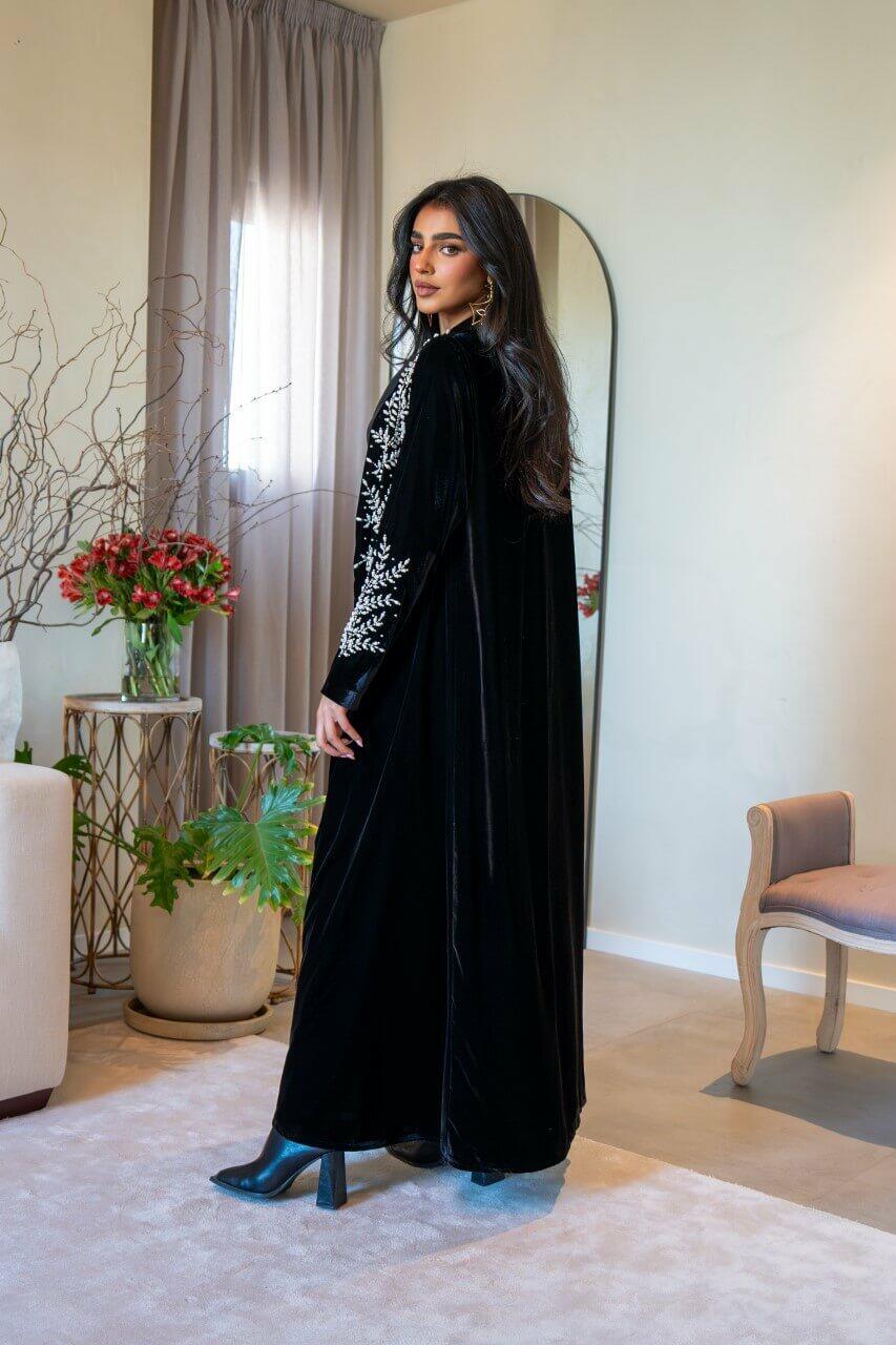 Black velvet abaya with white embroidery
