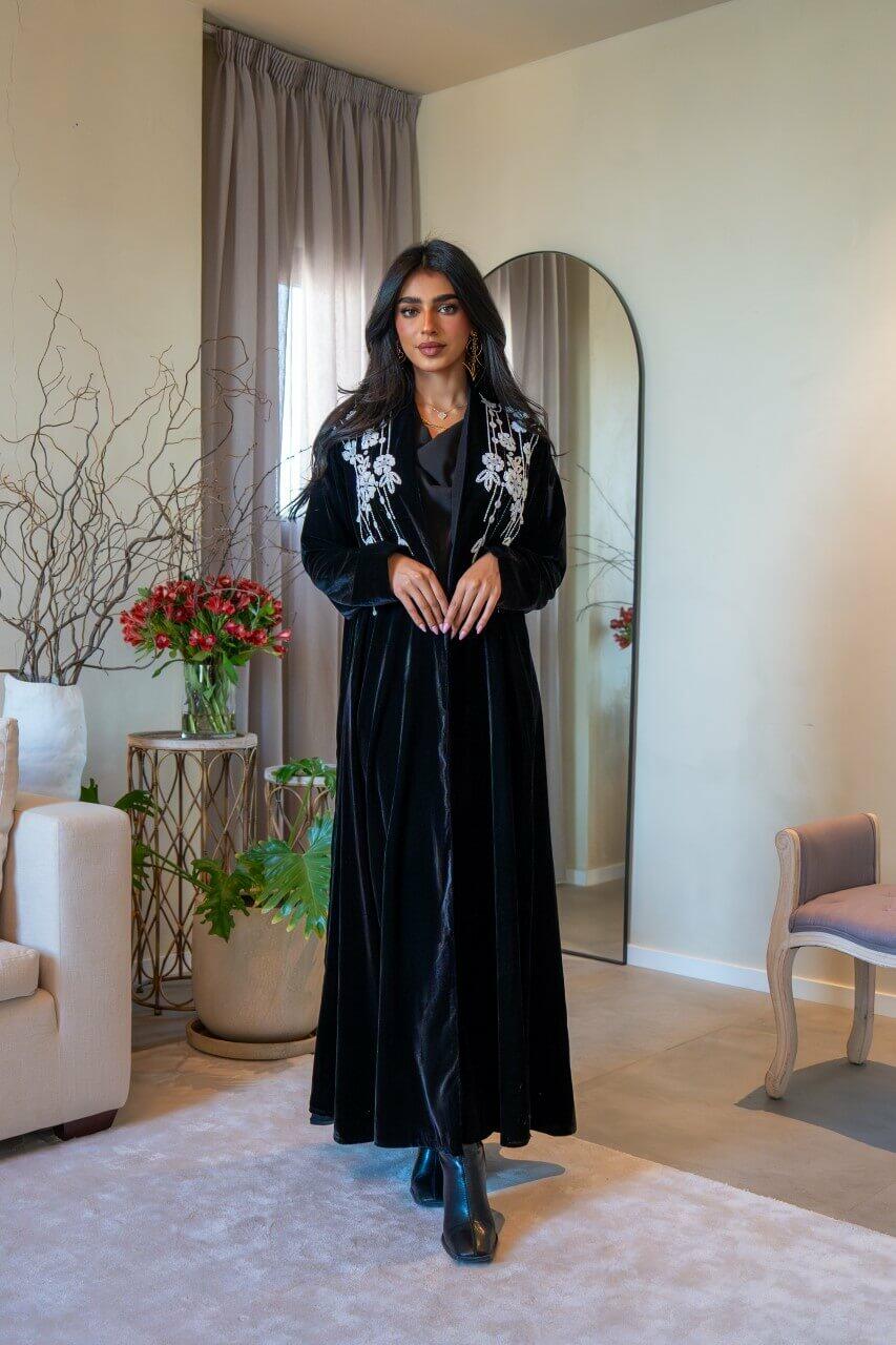 Black velvet abaya with embroidery