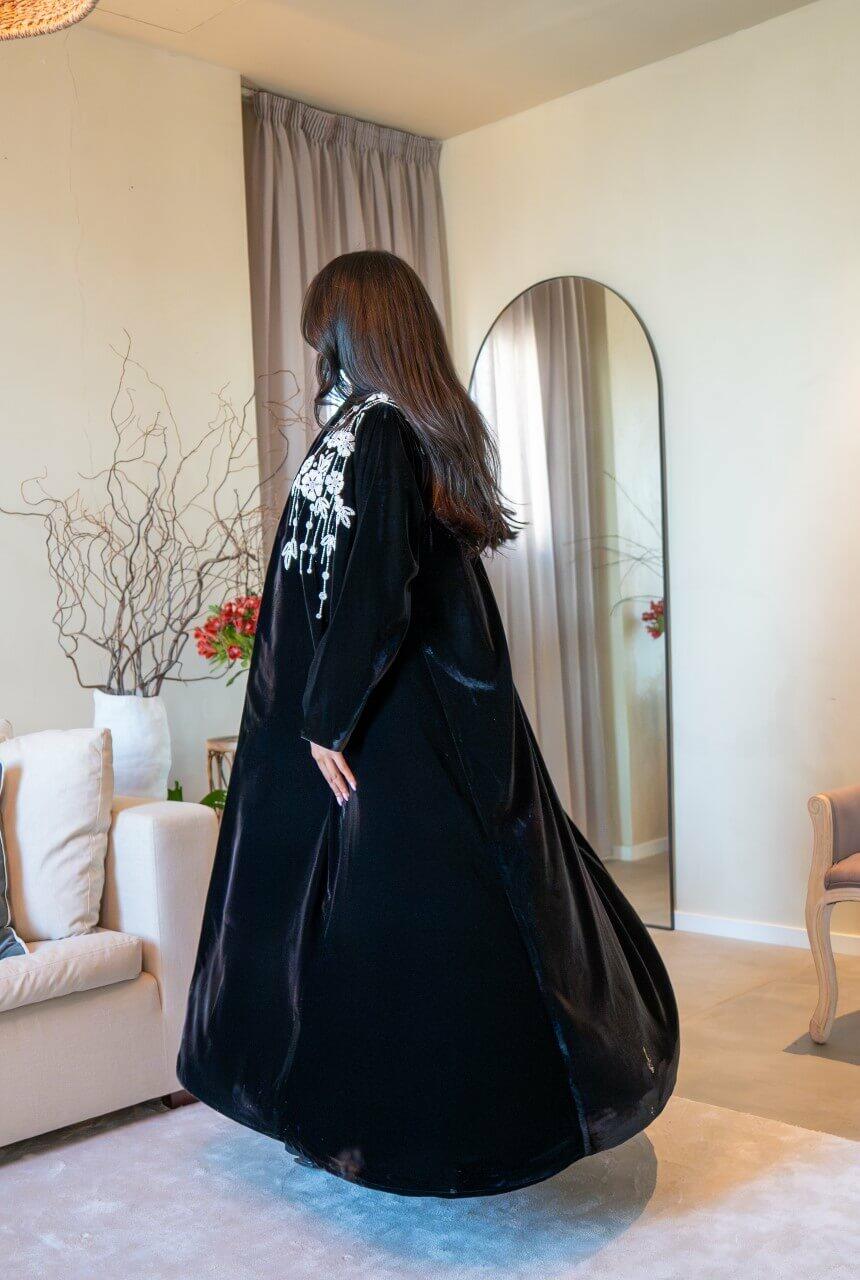 Black velvet abaya with embroidery