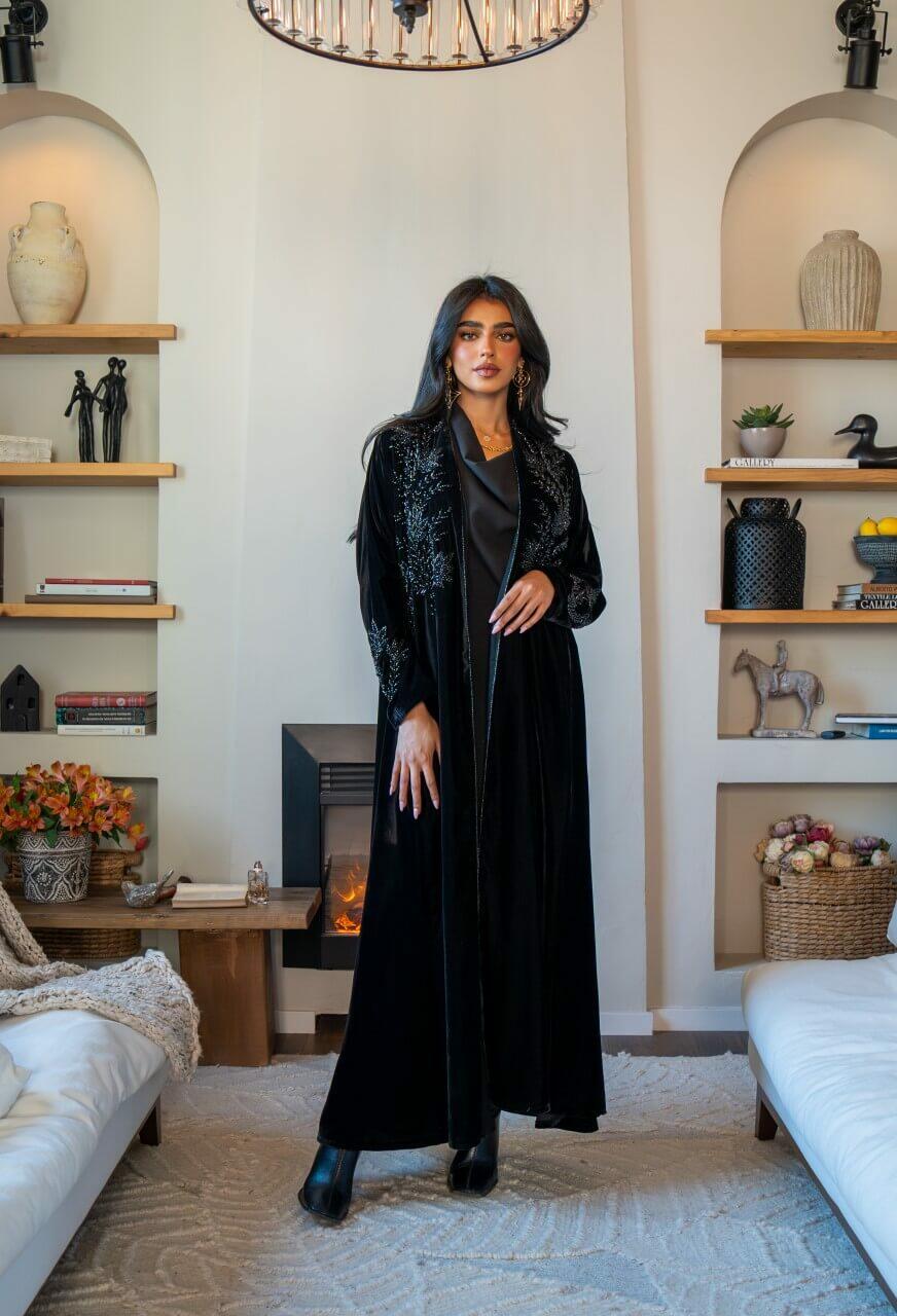 Black velvet abaya with black embroidery