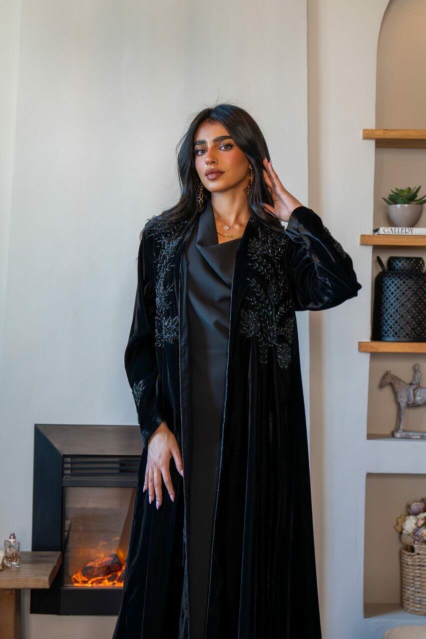 Black velvet abaya with black embroidery