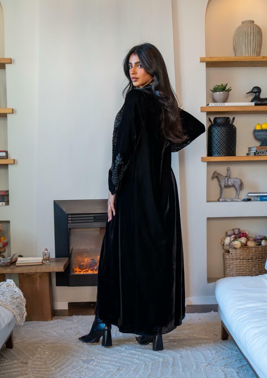 Black velvet abaya with black embroidery
