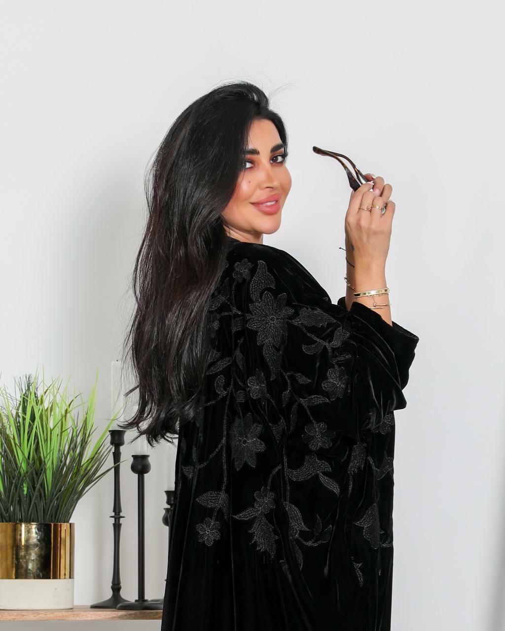 Black velvet abaya with black embroidery -free size